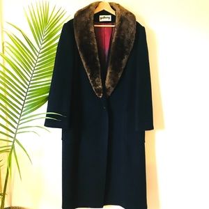 Vintage Coat Jacket Overcoat Fur Trimmed Collar Wool Navy M L Lux